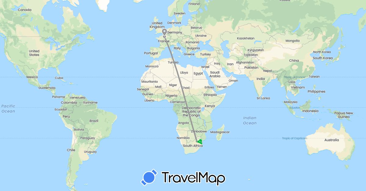 TravelMap itinerary: bus, plane in France, Swaziland, South Africa (Africa, Europe)